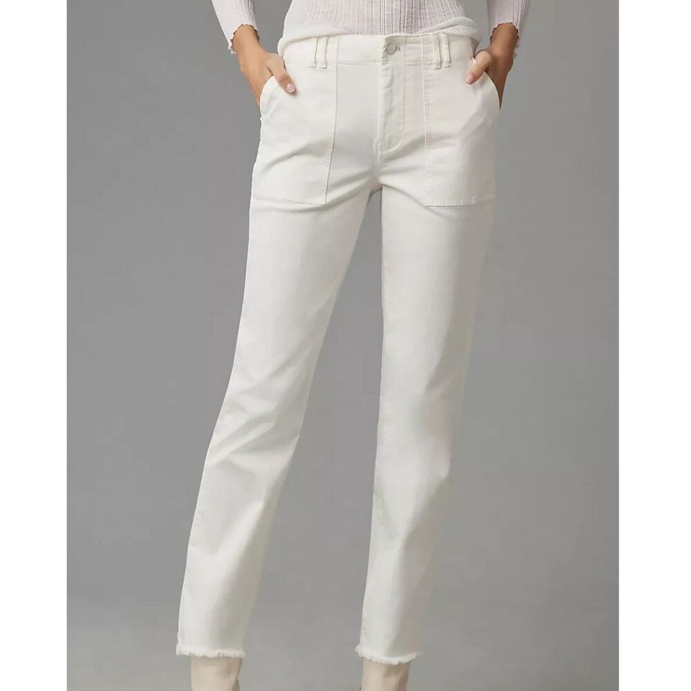 Pilcro for Anthropologie Raw Hem White Straight Leg Utility Pants, Size 29